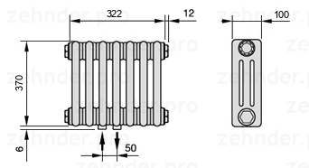 Схема (чертеж) Радиатор Zehnder Charleston 3037/7 №3470 Белый глянцевый RAL 9016